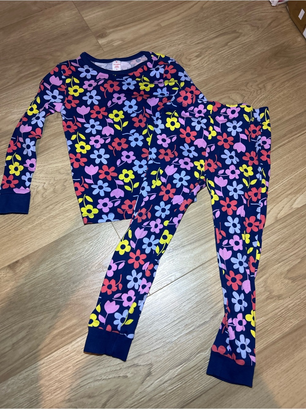 Joe Fresh Navy Floral Kids Pajama Set with Pink Yellow Purple Flowers